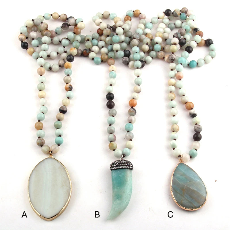 Fashion Bohemian Tribal Jewelry Amazonite Stones Long Knotted Stone Pendant Necklaces Women Ethnic Necklace