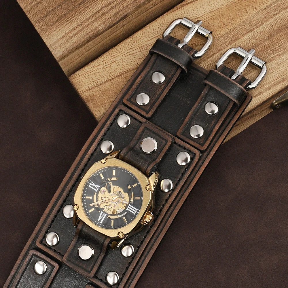 Vintage Punk Leather Cuff Strap 20mm Men's Wrist Watch Band with Mat Double Buckle Rivet Watchband Bracelet Watches Accessories