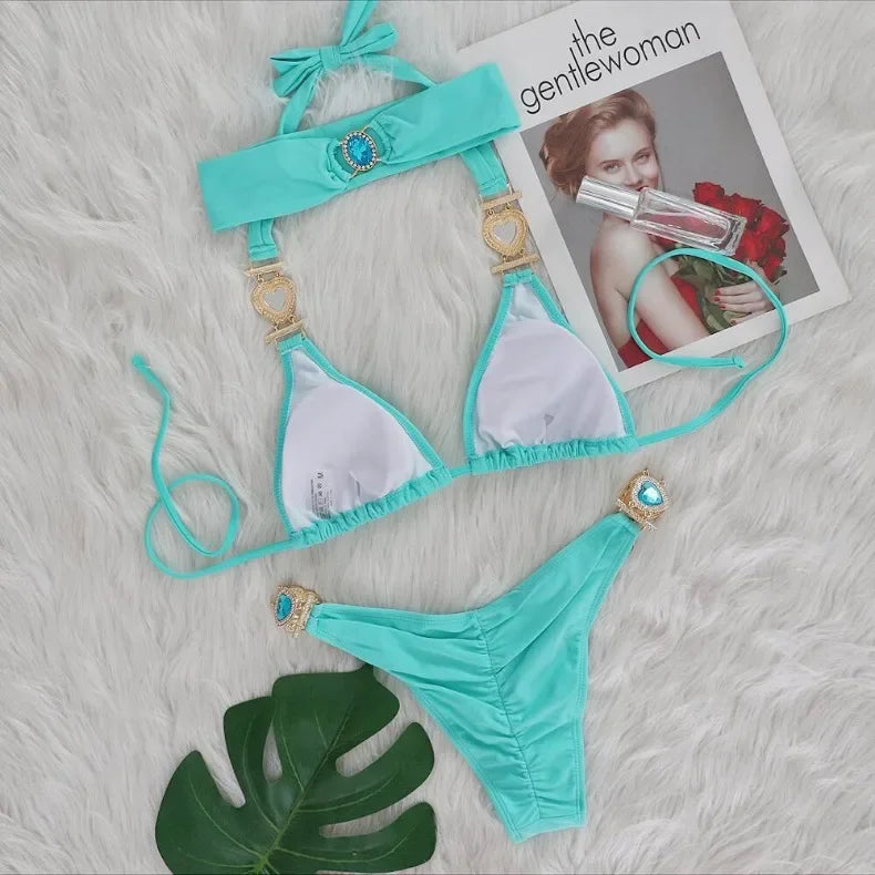 4 Colors New Sexy Bikini Women Luxury Heart-shaped Crystal Diamond Chain Solid Swimwear Swimsuit Female Bikinis Set Bathing Suit