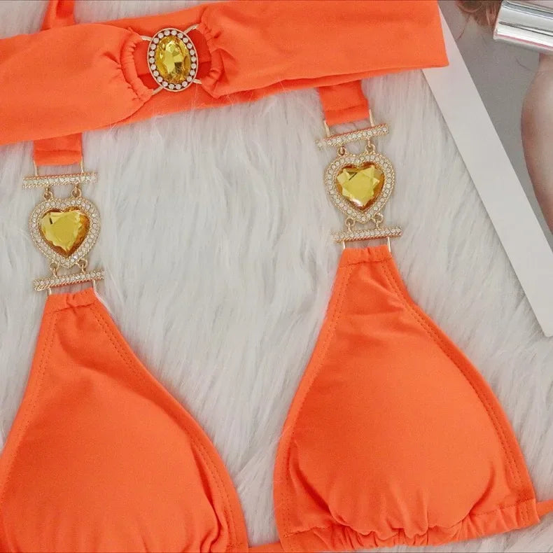 4 Colors New Sexy Bikini Women Luxury Heart-shaped Crystal Diamond Chain Solid Swimwear Swimsuit Female Bikinis Set Bathing Suit