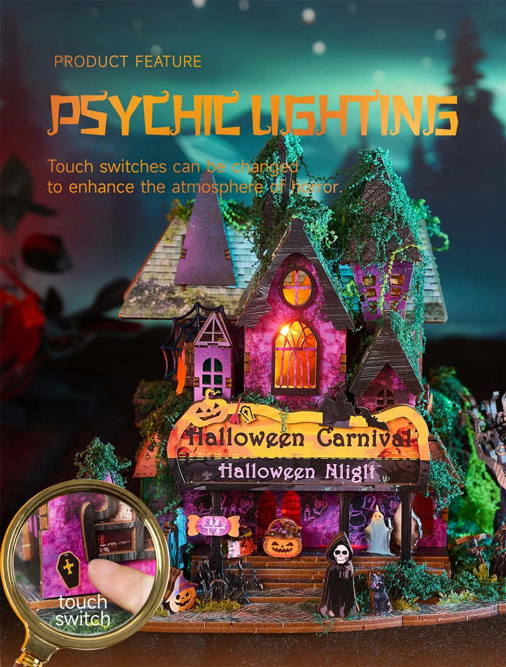 Retro DIY Wooden Halloween Night House Figurines Miniatures Kits With LED Lights Home Desk Decoration For Adult Handmade Gifts