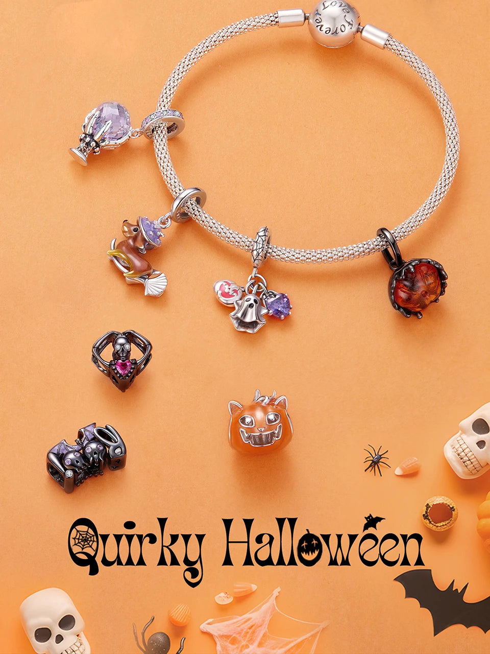 BISAER 925 Sterling Silver Halloween Skull & Pumpkin Charm Bead Pumpkin Cat Magic Crystal Pendant for Women DIY Bracelet Jewelry