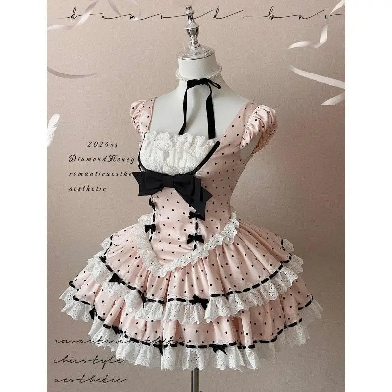 Spring Japanese Sweet Birthday Party Dress Women Y2k Cute Polka Dot Design Bodycon Dress Female Bow Korea Style Chic Clothing