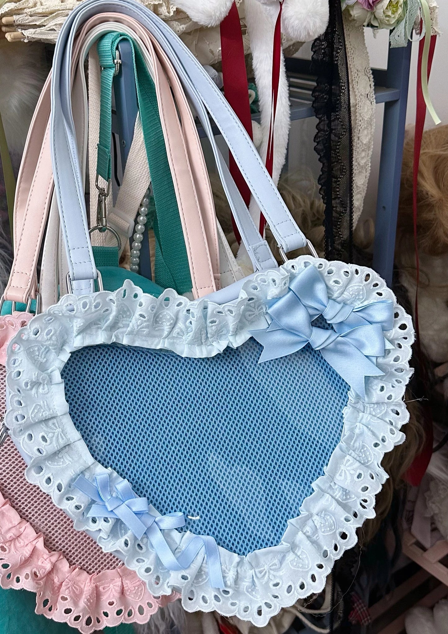 Lolita Handmade Love Heart Lace Flower Cute Shoulder Bag Sweet Girl Students Bow Tote Handbags