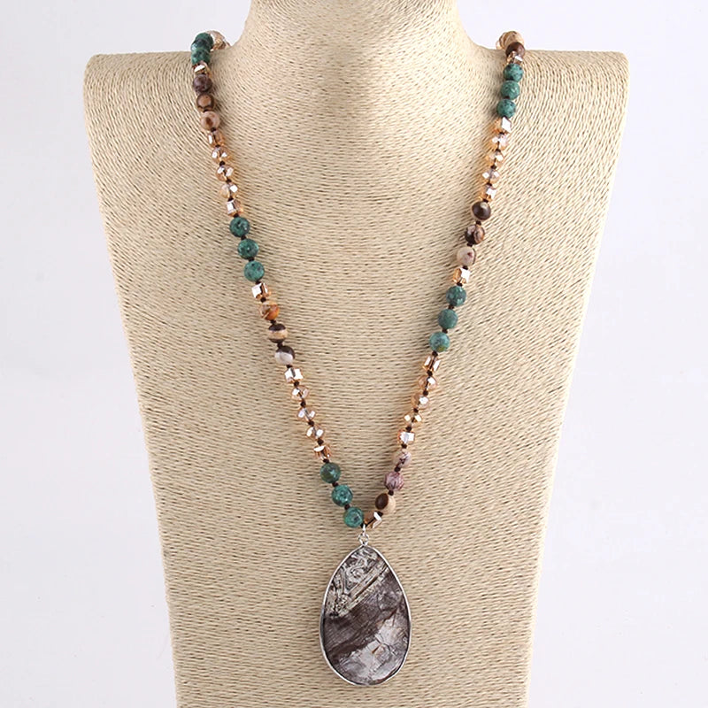 RH Fashion Beaded Necklace 8mm Natural Stone Glass Beads Knotted Pendant Necklaces For Women Bohemian Jewelry Dropship