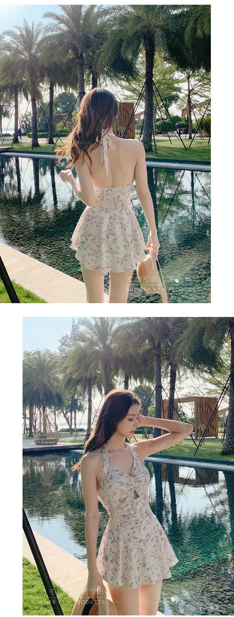 Women Hanging Neck Sweet Cute Swimwear Sexy One-piec Beach Wear Swim Suit Beach Dress Swimsuit High Waist Bikinis Set for Girls