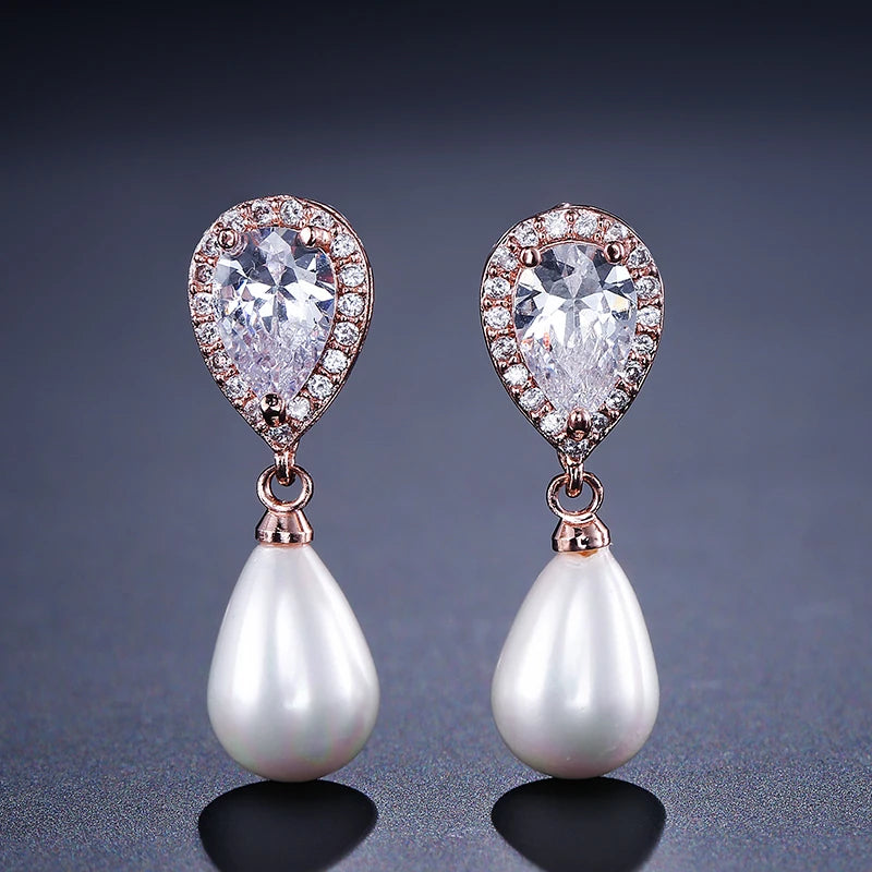 ZAKOL Fashion Imitation Pearl Dangle Earrings Luxury Jewelry for Women AAA Water Drop Cubic Zirconia Wedding Earring