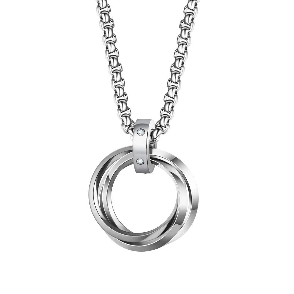 Fashion Men Necklace 3 Round Ring Stainless Steel Pendant Necklaces For Women Silver Color Chain Hiphop Rock Jewelry Accessories
