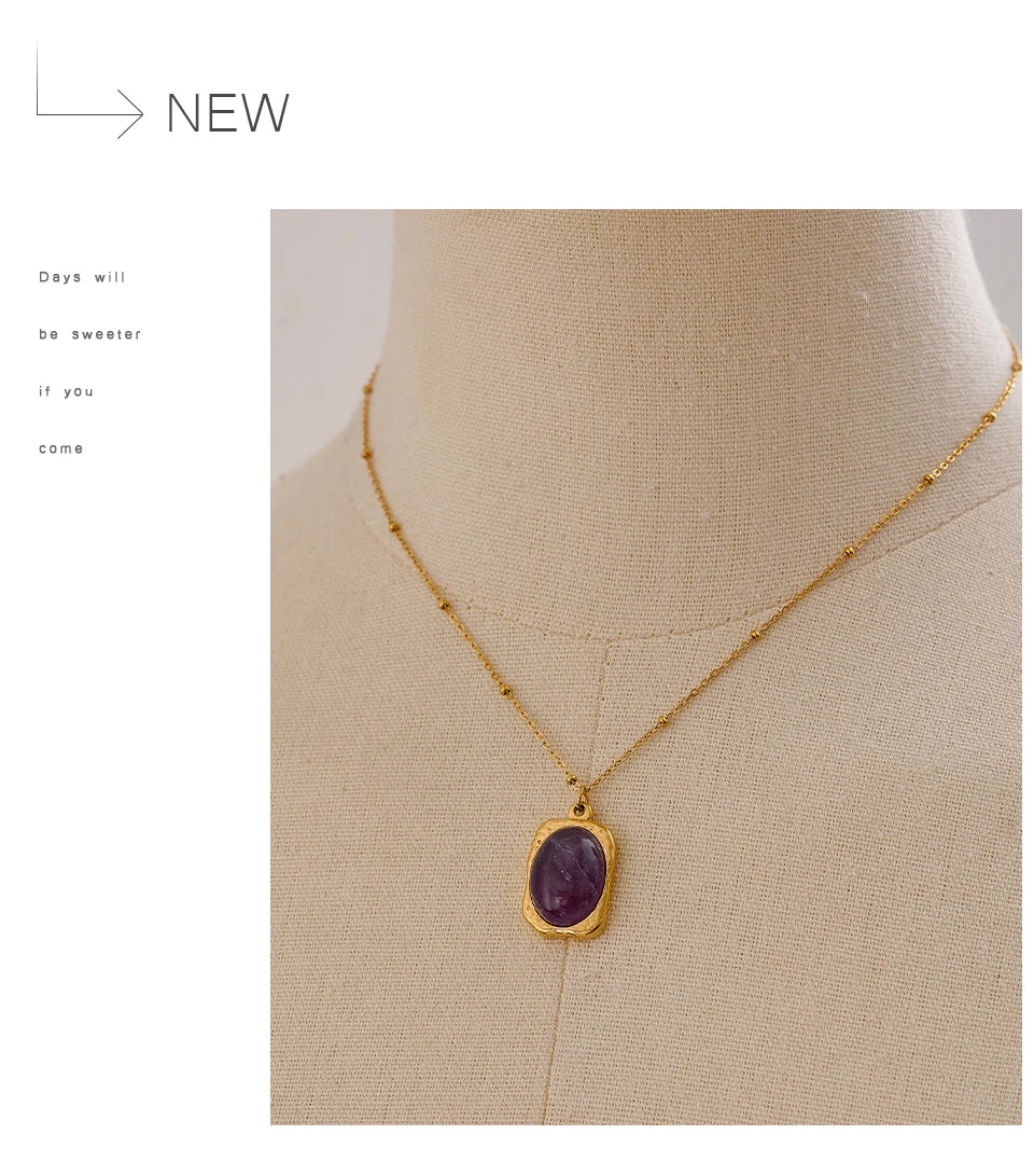 Yhpup Natural Stone Square Pendant Stainless Steel Necklace Amethyst Green Aventurine Charm Fashion Collar Jewelry Women