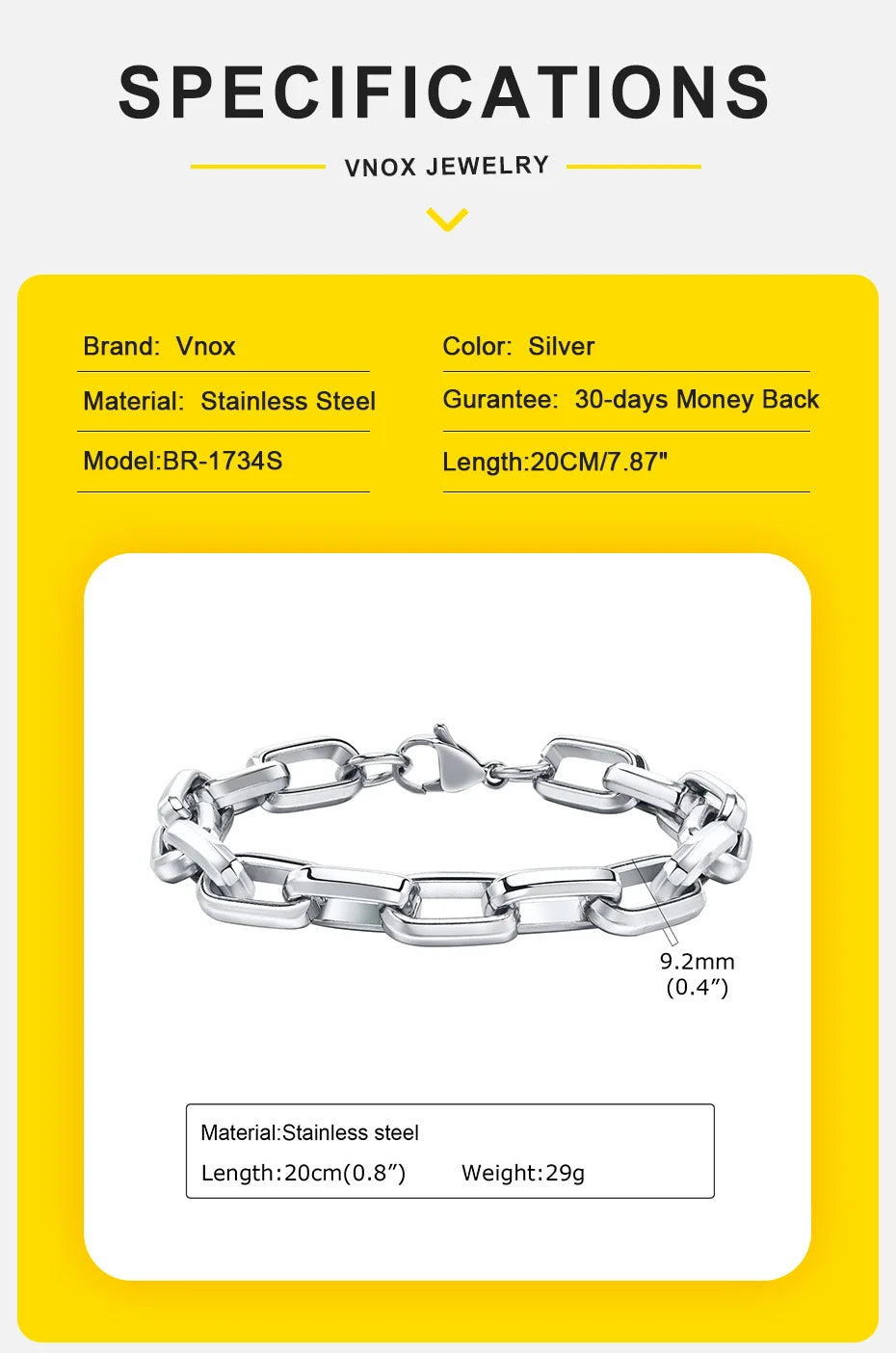 Vnox 9.2MM Rectangle Chain Stainless Steel Bracelets for Men Dad Papa BFF Valentine's Father's Day Birthday Gifts Jewelry