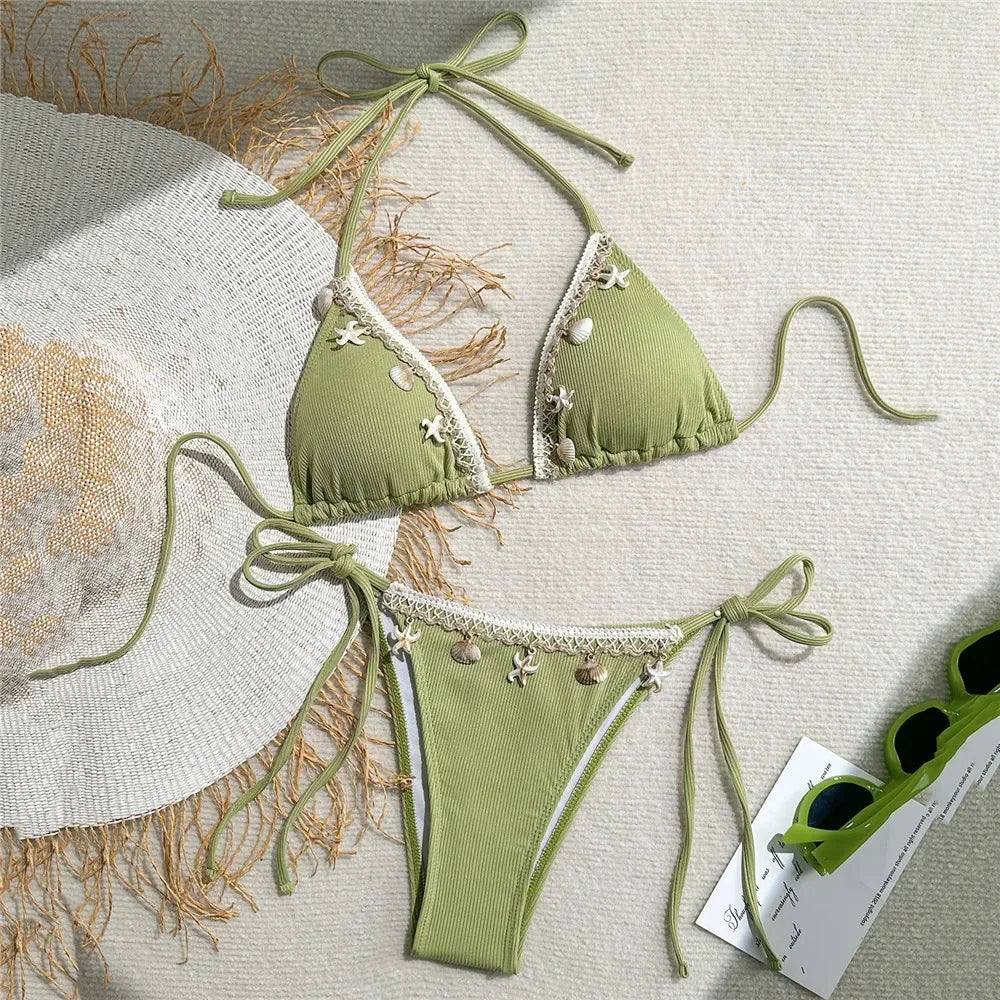 Shell Decoration Swimwear String Halter Bikinis Sets Micro Thong Sexy Swimsuit Women 2025 Bathing Suit Purple Triangle Bikini