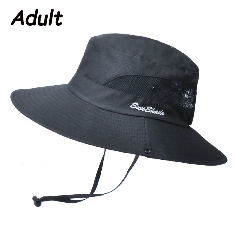 Women Summer Adjustable Bucket Hat with a Ponytail Hole Girls Sun Protection Hiking Cap Parent-child Outdoor Wide Brim Headgear