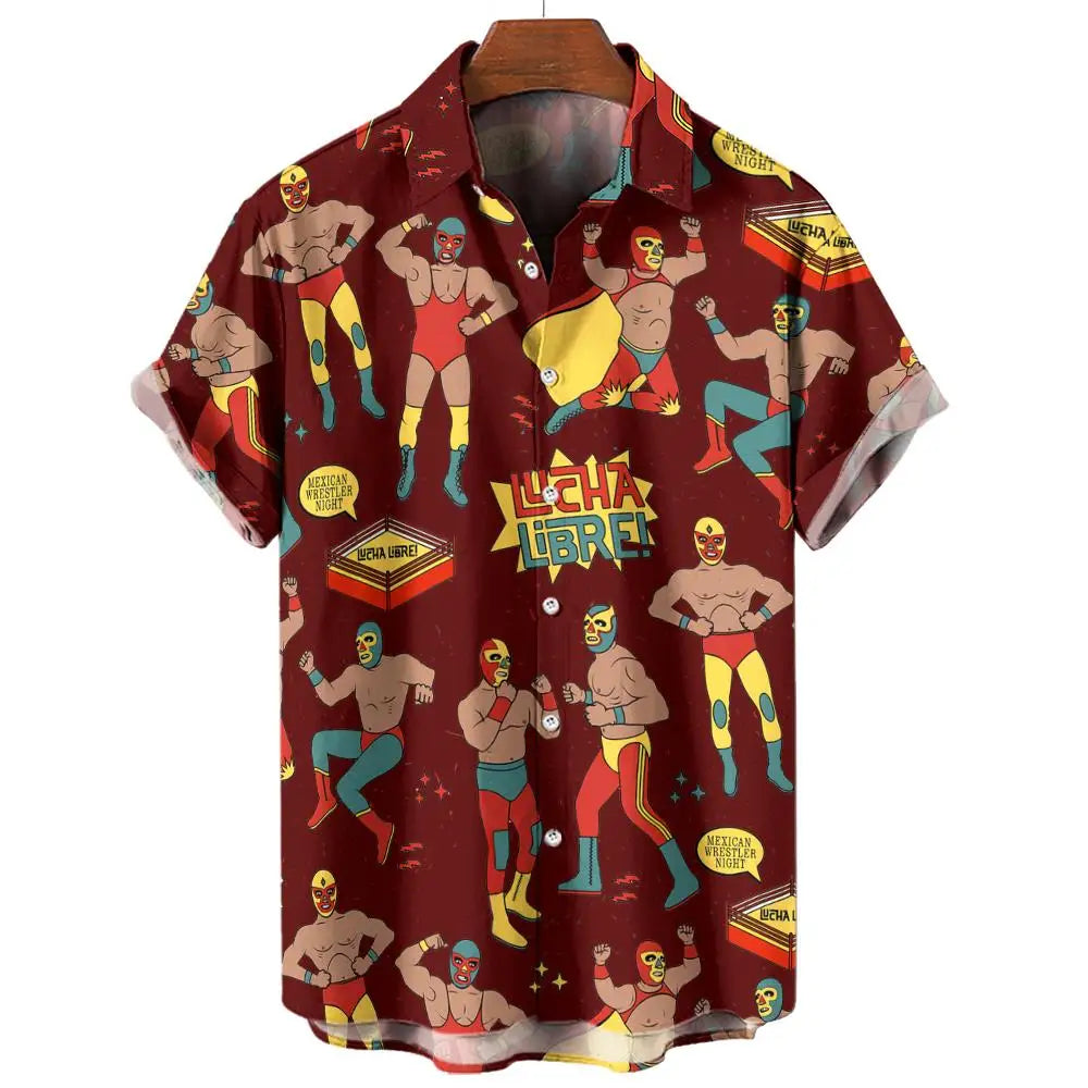 New Retro Men's Shirt 3d Mexican Wrestling Print Short Sleeve Shirt Fashion Man Clothing Loose Oversized Hawaiian Shirts For Men