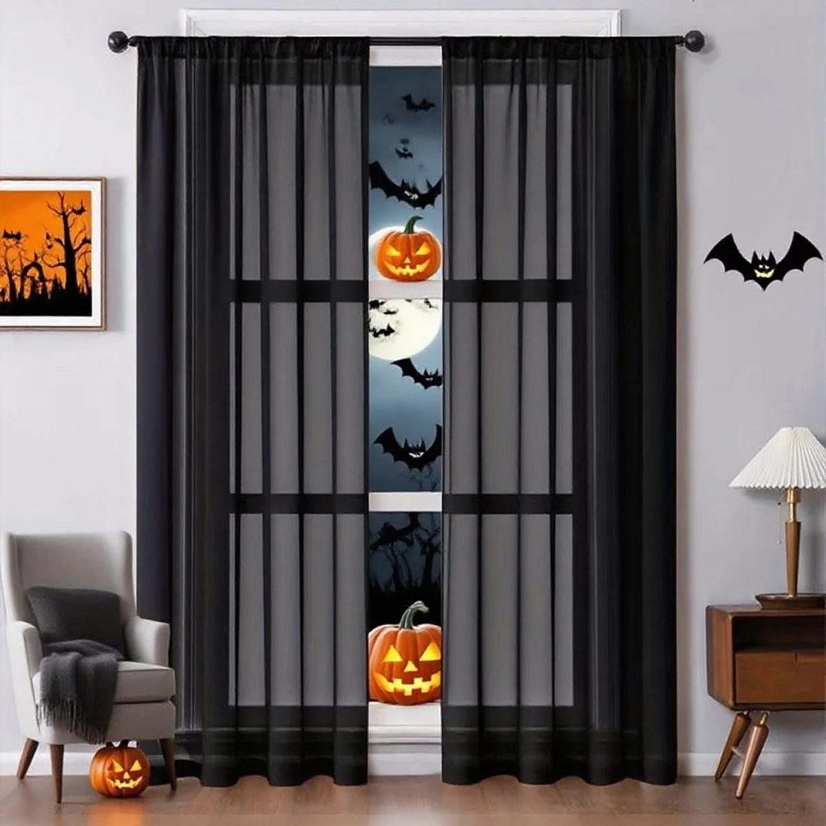 Halloween Ghost Day Holiday Celebration Decoration Orange Black Gauze Threaded Bar Curtain Sheet for Living Room Bedroom Window