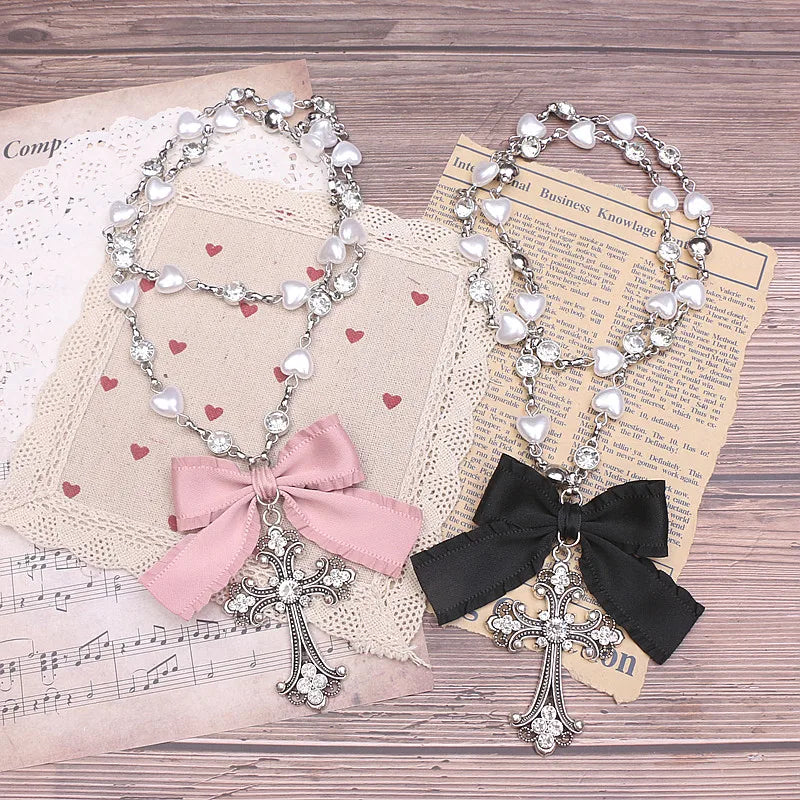Lolita Style Accessories Beads Fashion Jewelry Handmade Necklace Rhinestone Cross Love Chain Long Necklace for Women