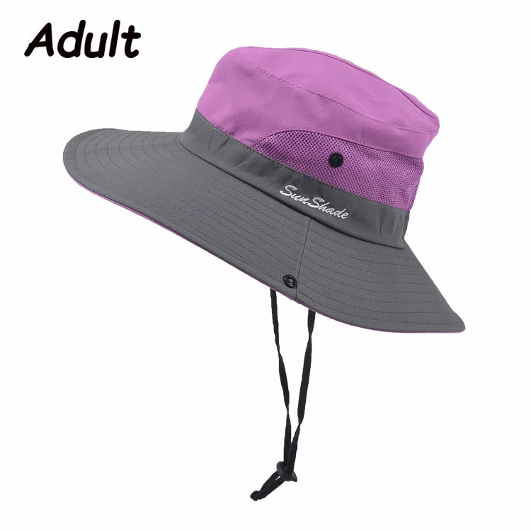 Women Summer Adjustable Bucket Hat with a Ponytail Hole Girls Sun Protection Hiking Cap Parent-child Outdoor Wide Brim Headgear