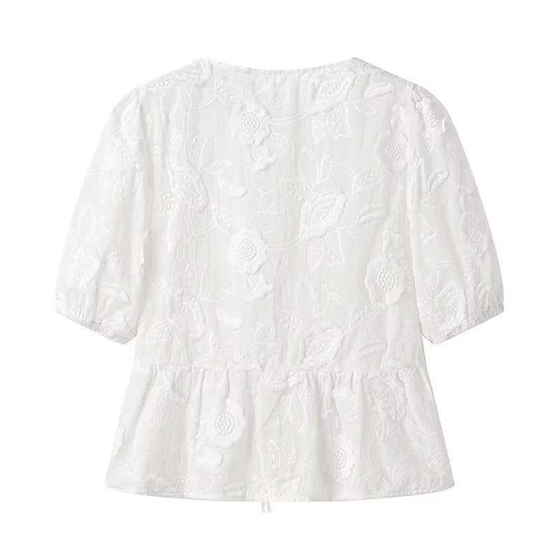 Lamuusaa Babydoll Tops Women y2k Clothes Floral Embroidery Round Neck Puff Short Sleeve Shirts Elegant White Blouses Streetwear