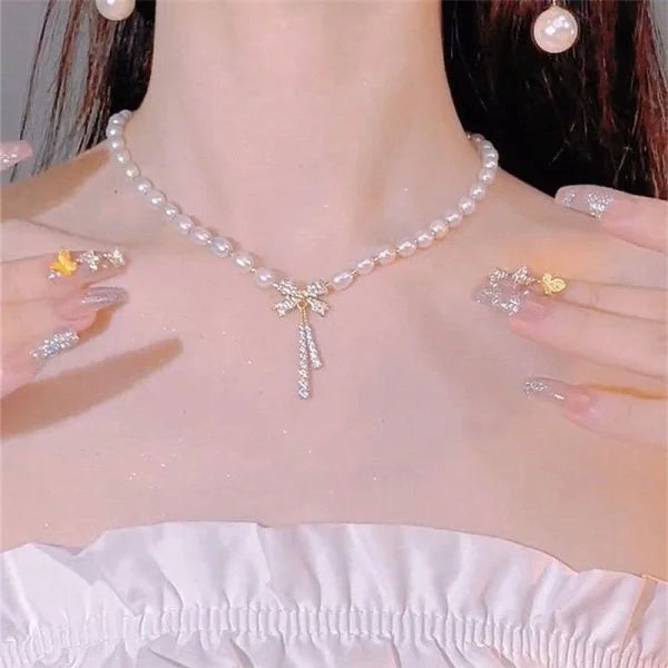 Fashion Imitation Pearl Rhinestone Necklace Stainless Steel Extra Long Drawstring Snake Tassel Metal Chain Women's Jewelry Gifts