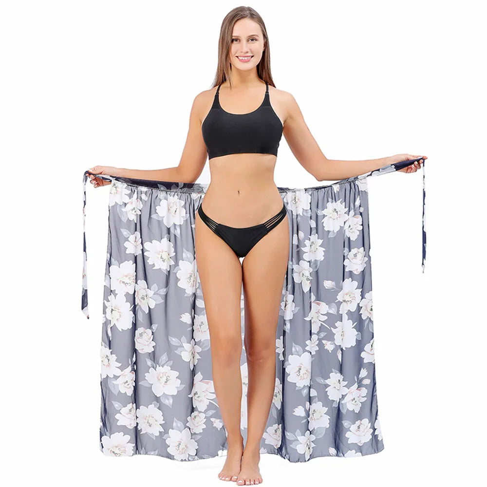 Women Long Print Sarongs Swimsuit Coverups Beach Bikini Wrap Sheer Long Skirt Chiffon Scarf Cover Ups for Swimwear