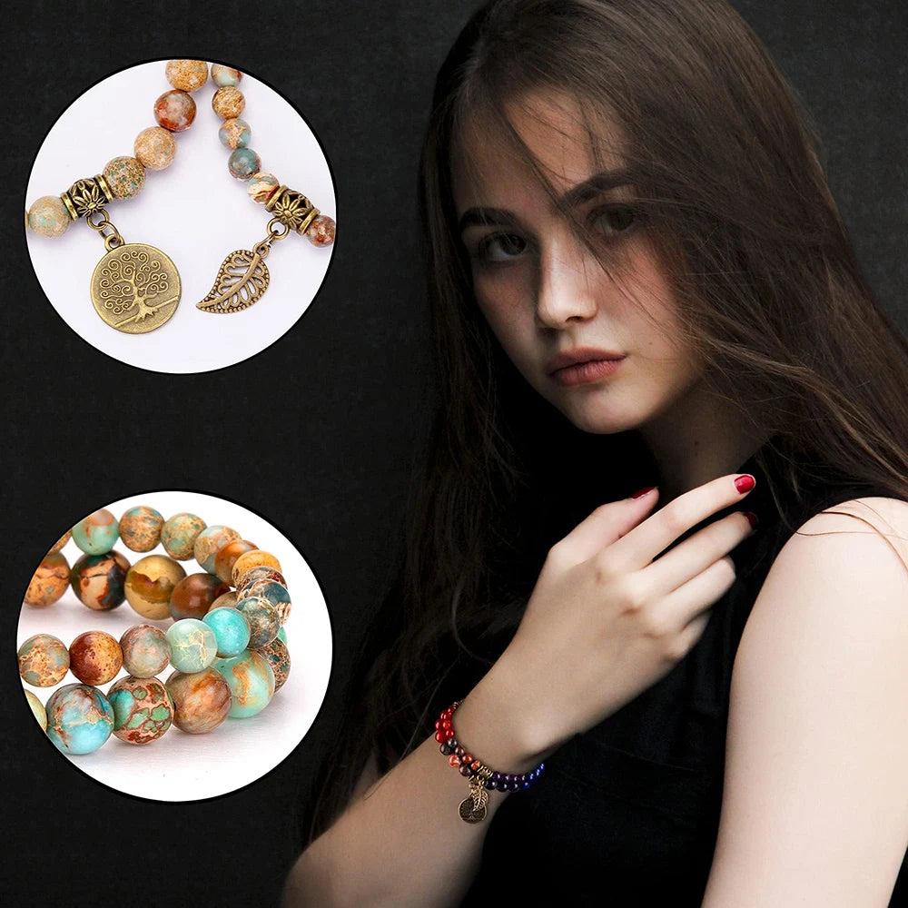 Natural Semi Precious Gemstone Beads Bracelet for Women Life Tree and Leaf Charm Energy Reiki Crystal Stretch Bracelets Jewelry