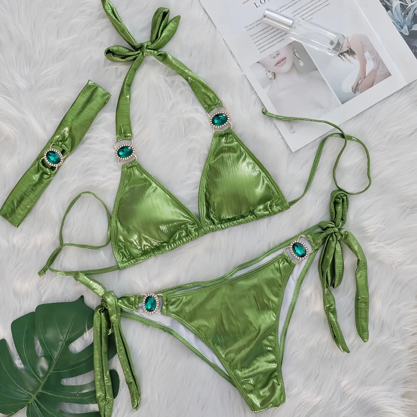 2025 New Diamond Rhinestone 3pcs Bikinis Set Crystal Patchwork Push Up Bandage Female Swimsuit with Hairband Bather Bathing Suit