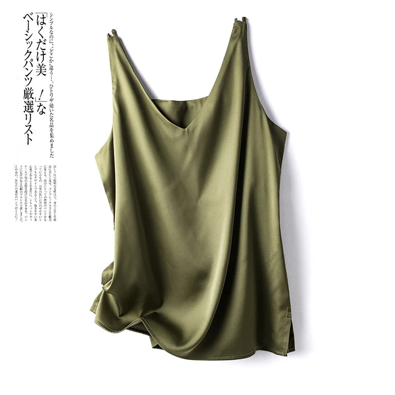 Women's New Four Seasons Inner Wear Silk Suspenders 2022 V-Neck Solid All-Match Satin Vest Soft Loose Thin Lady Sleeveless Tops