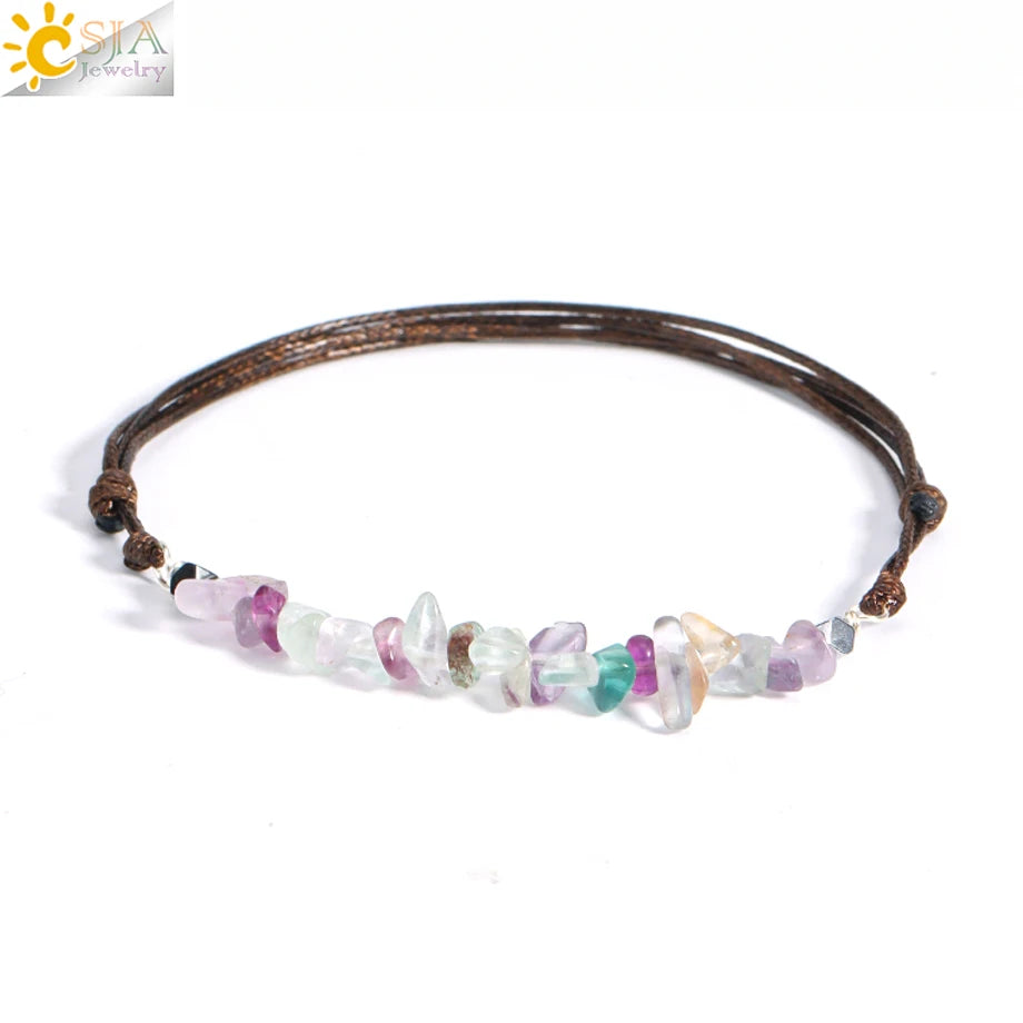 Healing Real Natural Stone Chip Bracelet 7 Chakras Pink Rock Crystal Handmade Rope Bracelet for Women Girl Small Jewelry H361