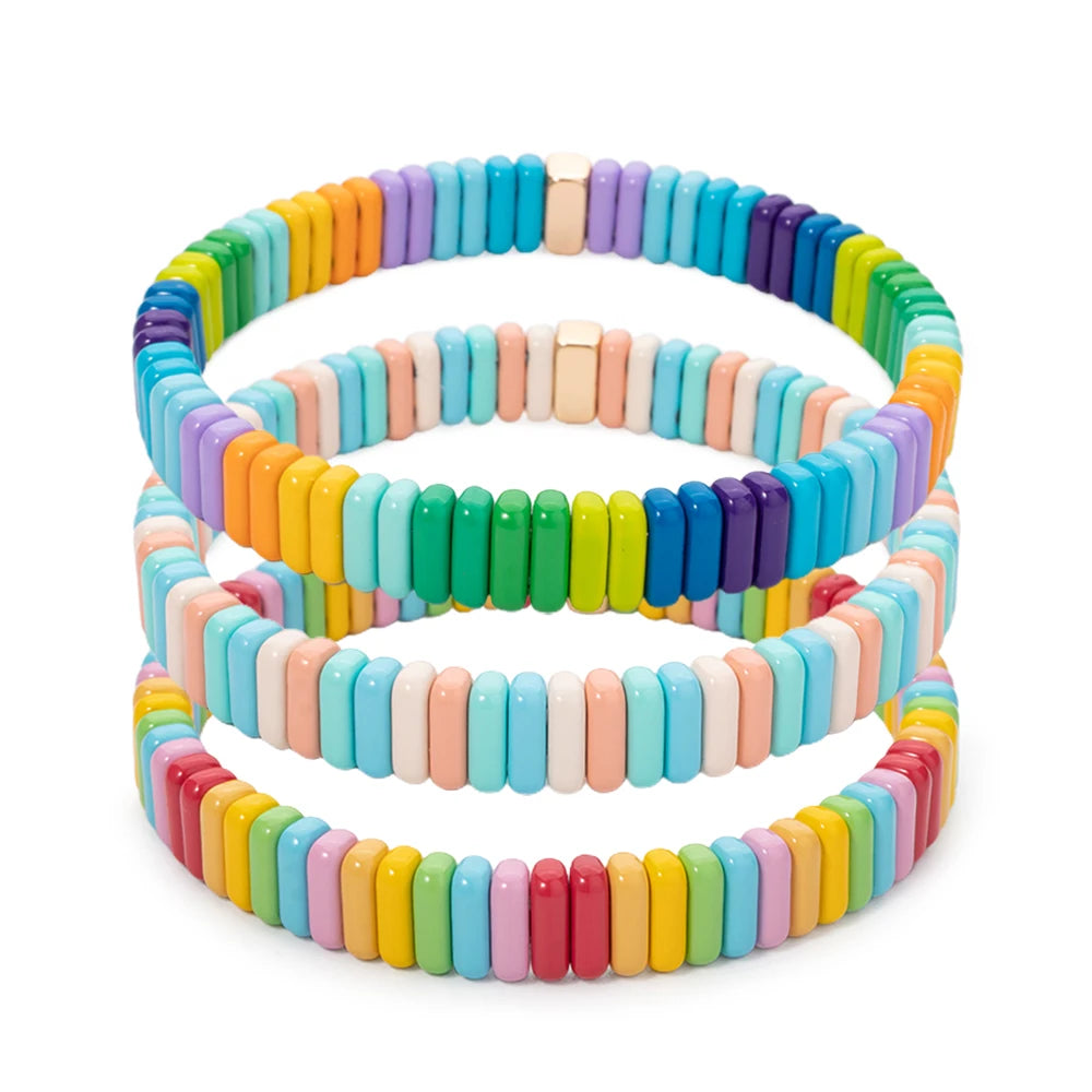 2024 New Design Elatic Rainbow Bracelets For Women 2X8MM Rectangle Beads Bracelets Bohemian Metal Bangle Colorful Jewelry