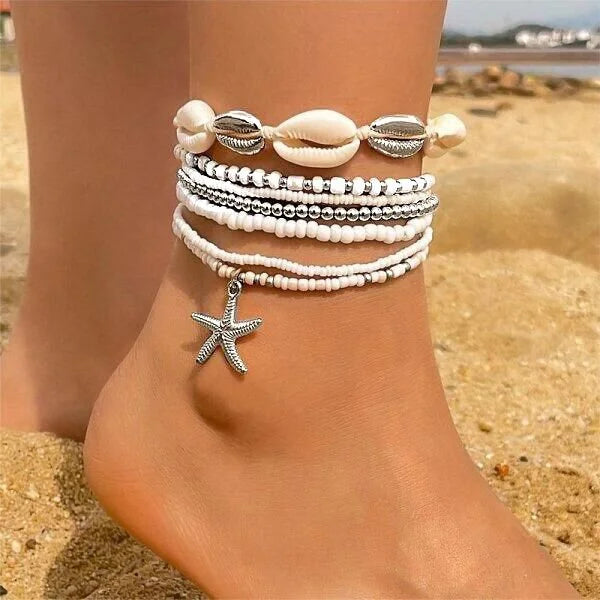 Shell Starfish Anklets for Women Bohemian Anklet Leg Rice Beads Bracelet Handmade Foot Chain Boho Jewelry Sandals Gift