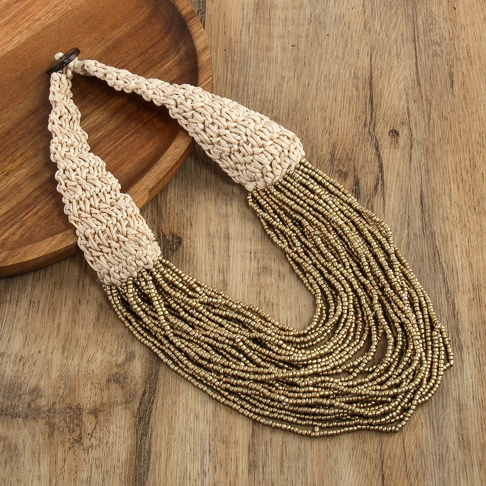 Western fashion retro Bohemian ethnic style exaggerated women's necklaces multiple layers hand woven rice bead wax rope necklace