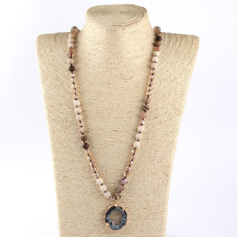 Fashion Bohemian Tribal Jewelry Crystal / Stone Long Knotted Irregular Druzy Stone Pendant Necklaces For Women