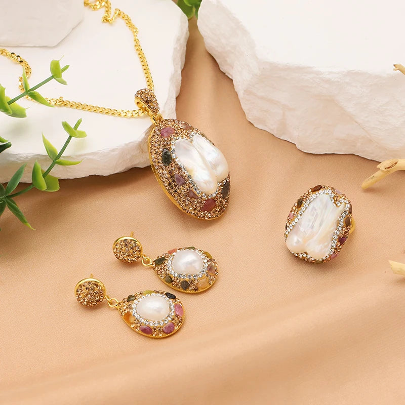 Natural Baroque Pearl Pendant Tourmaline Necklace Earring Ring Elegant Women'S Sets 18K Gold Plated Jewelry For Women Gifts