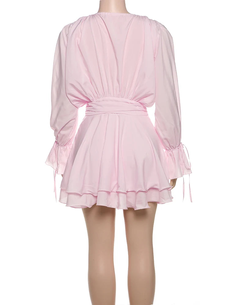 Weird Puss 3D Flower Decoration Dress Women Y2K Sweet Style Flare Sleeve Ruched Ribbon Vacation Fashion Elegant Mini Bodycon