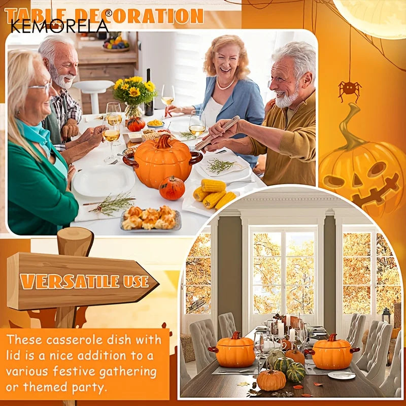 Halloween Pumpkin Bowl Ceramic Pumpkin Casserole Oven-Safe Pot With Lid And Handles, Perfect For Thanksgiving And Halloween