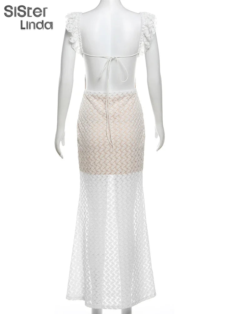 Sisterlinda Woven Ruched Maxi Dress Wowen Fashion Sexy Deep V-neck Backless Bandage Vestido Female Elegant Romantic Evening Robe