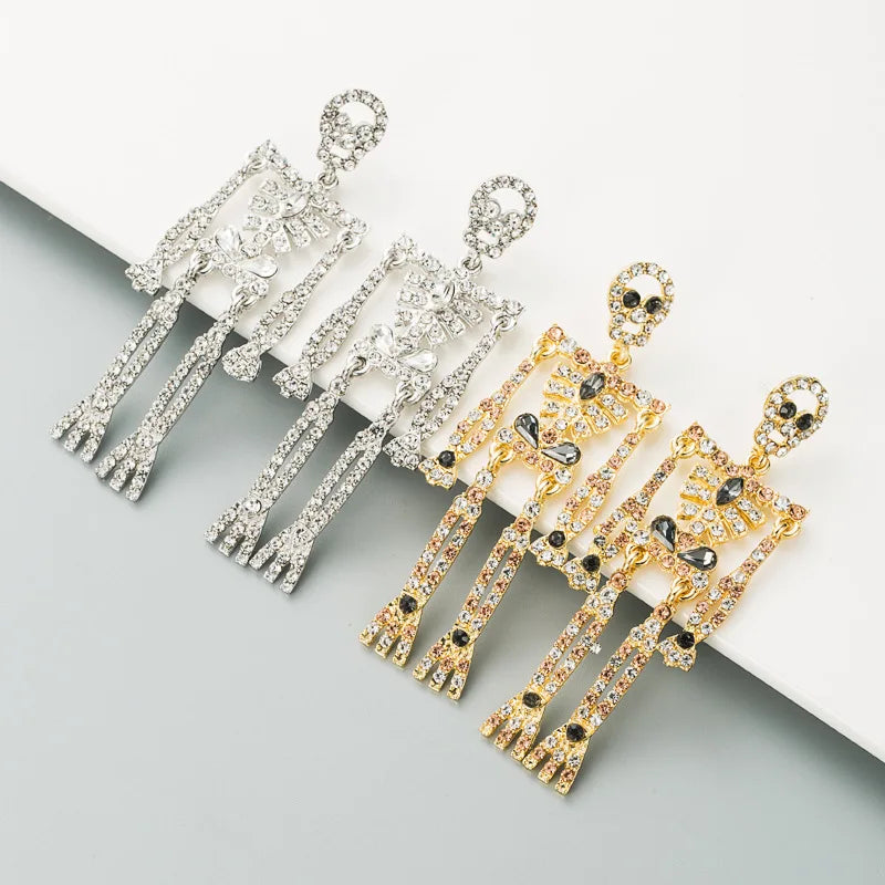 Women's Gothic Gorgeous Rhinestone Skeleton Dangling Earrings Halloween Retro Long Earrings Fashion Gift for Holidays