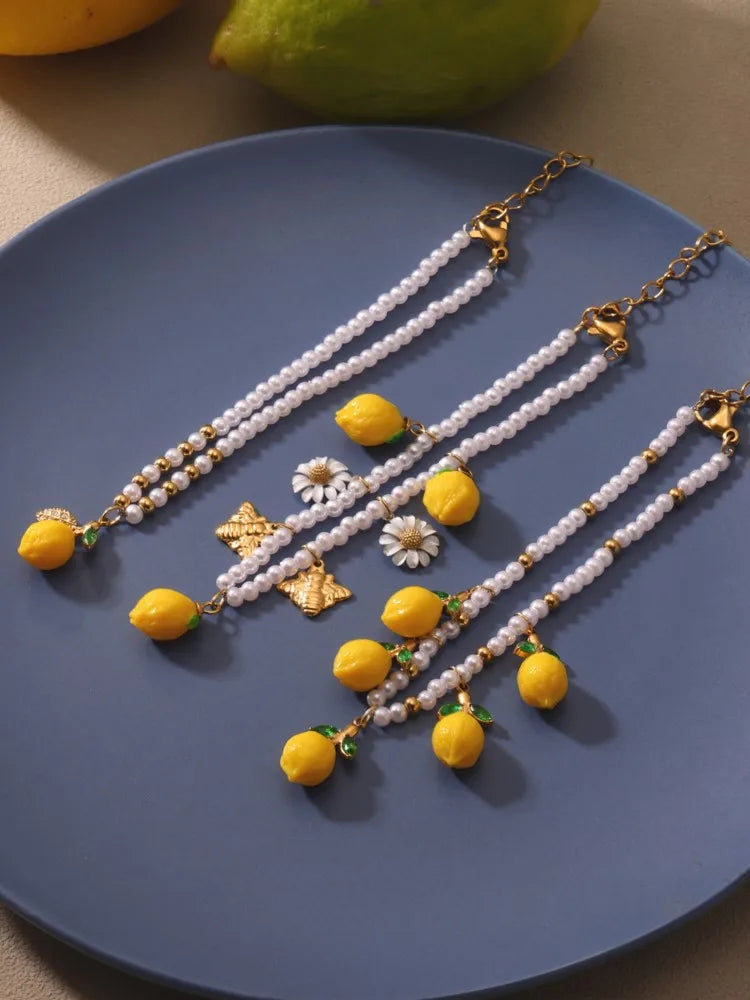 Shell Beads Bracelet With Multi Lemon Charms For Women Handmade Beaded Bracelets Matching Earrings Necklace Cute Jewelry Sets
