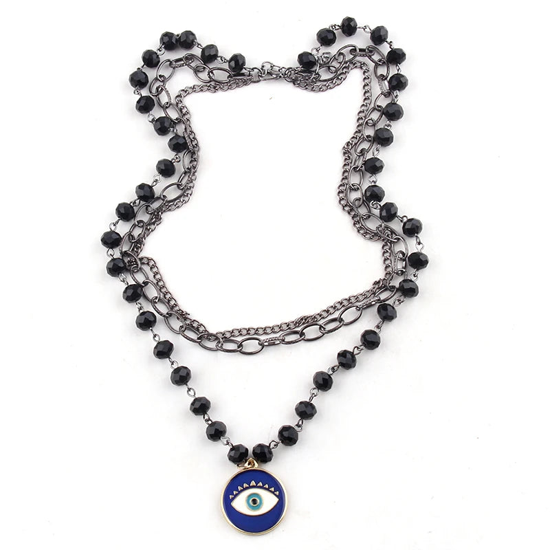 Fashion Bohemian Tribal Jewelry 3 Layer Multiple Black Glass Crystal Rosary Link & Chain Cross Pendant Necklaces