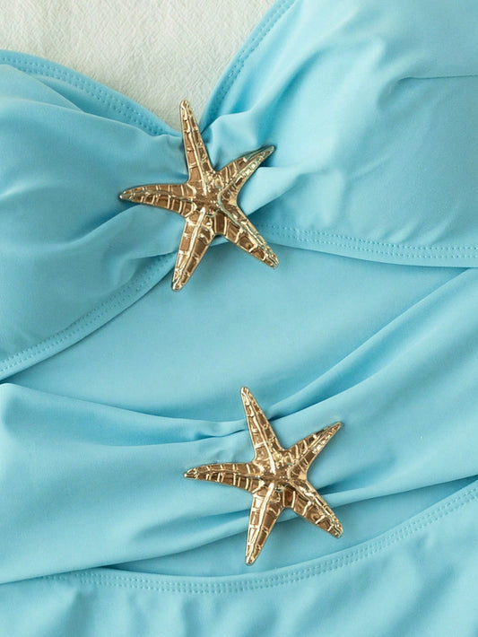 2025 Women's One-Piece Swimsuit Bathing Suit, Comfortable High-Elastic Nylon Solid Color Fabric, Fashion Starfish Decor, Front Hollow Back Crisscross Thin Straps