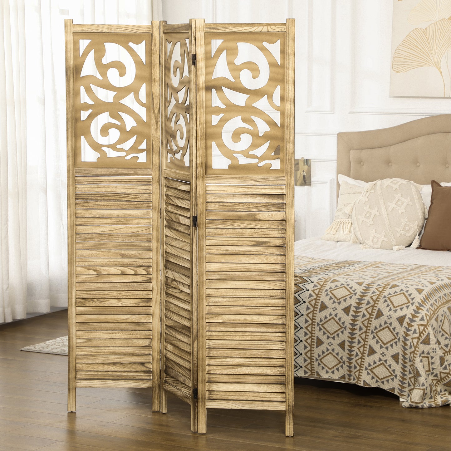 HOMCOM 3 Panel Room Divider, 5.5' Tall Wood Indoor Portable Folding Privacy Screens, Double Hinged Partition Wall Dividers for Home Office, Brown