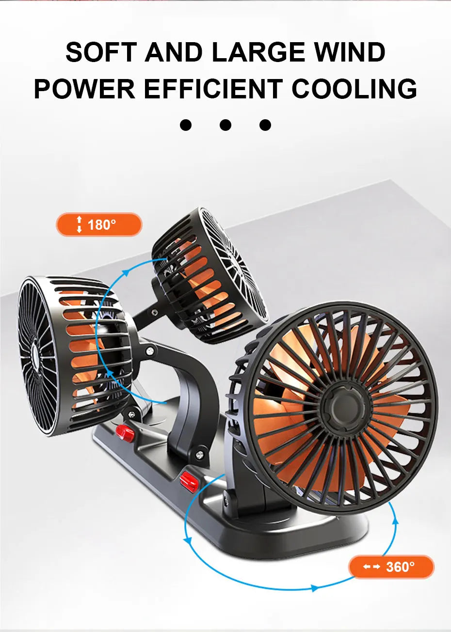 SEAMETAL USB Cooling Fan for Car 360-Degree Rotation 3-Head Electric Fan 2-Speed Silent Motor Fan Universal for Car/Office/Home