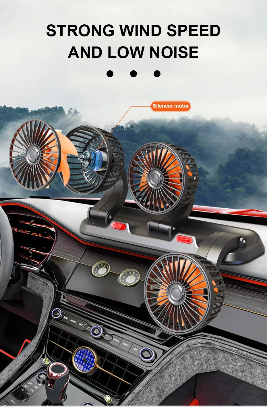 SEAMETAL USB Cooling Fan for Car 360-Degree Rotation 3-Head Electric Fan 2-Speed Silent Motor Fan Universal for Car/Office/Home
