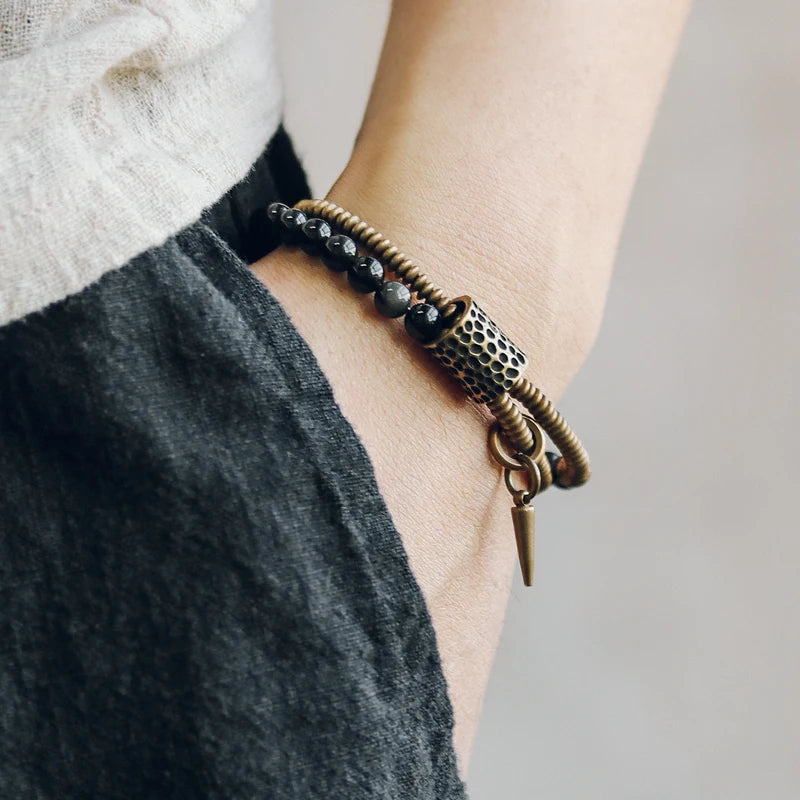 Rainbow Obsidian Beads Bracelet Hammered Brass Two Row  Health Unisex Jewelry for Women Unique Handmade Personalized Bracelet