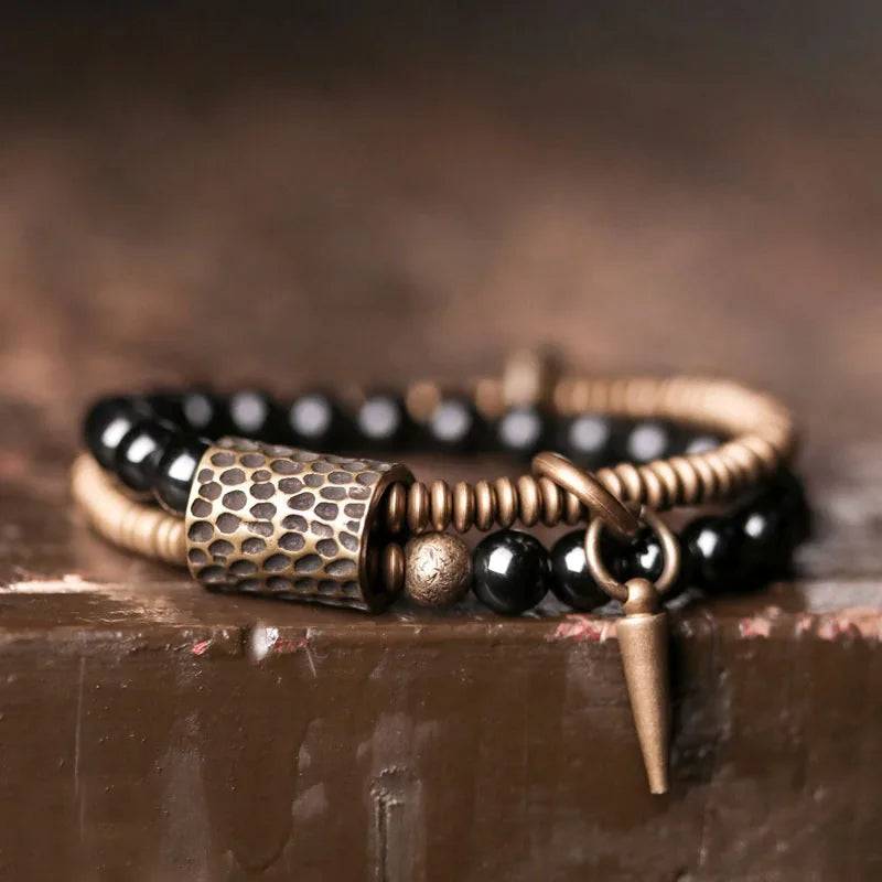 Rainbow Obsidian Beads Bracelet Hammered Brass Two Row  Health Unisex Jewelry for Women Unique Handmade Personalized Bracelet