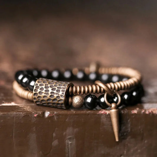 Rainbow Obsidian Beads Bracelet Hammered Brass Two Row  Health Unisex Jewelry for Women Unique Handmade Personalized Bracelet