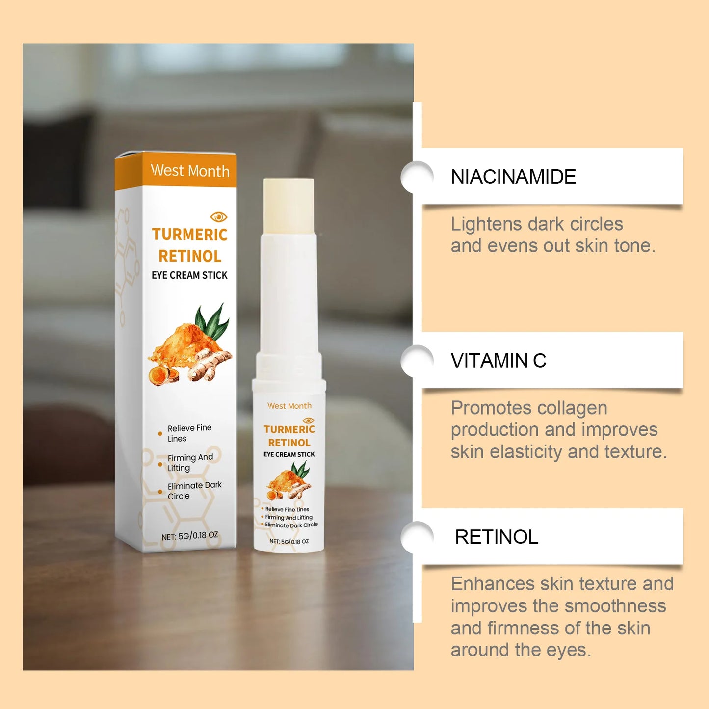 West Month 5g Turmeric Retinol Remove Dark Circles Eye Cream Stick  Anti Eye Bags Puffiness Brightener Moisturizing Eye Cream