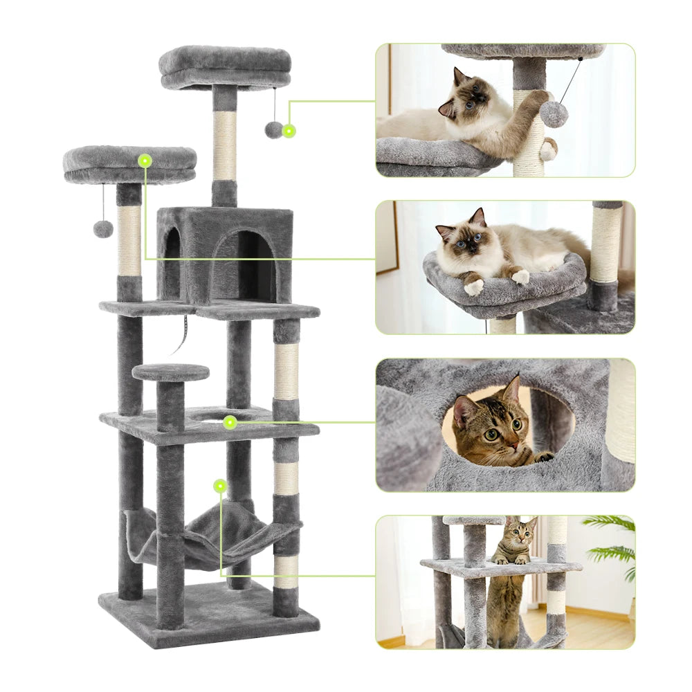 Pet Cat Tree House Condo Perch Entertainment Playground Stable Furniture for Kitten Multi-Level Tower for Large Cat Cozy Hommock