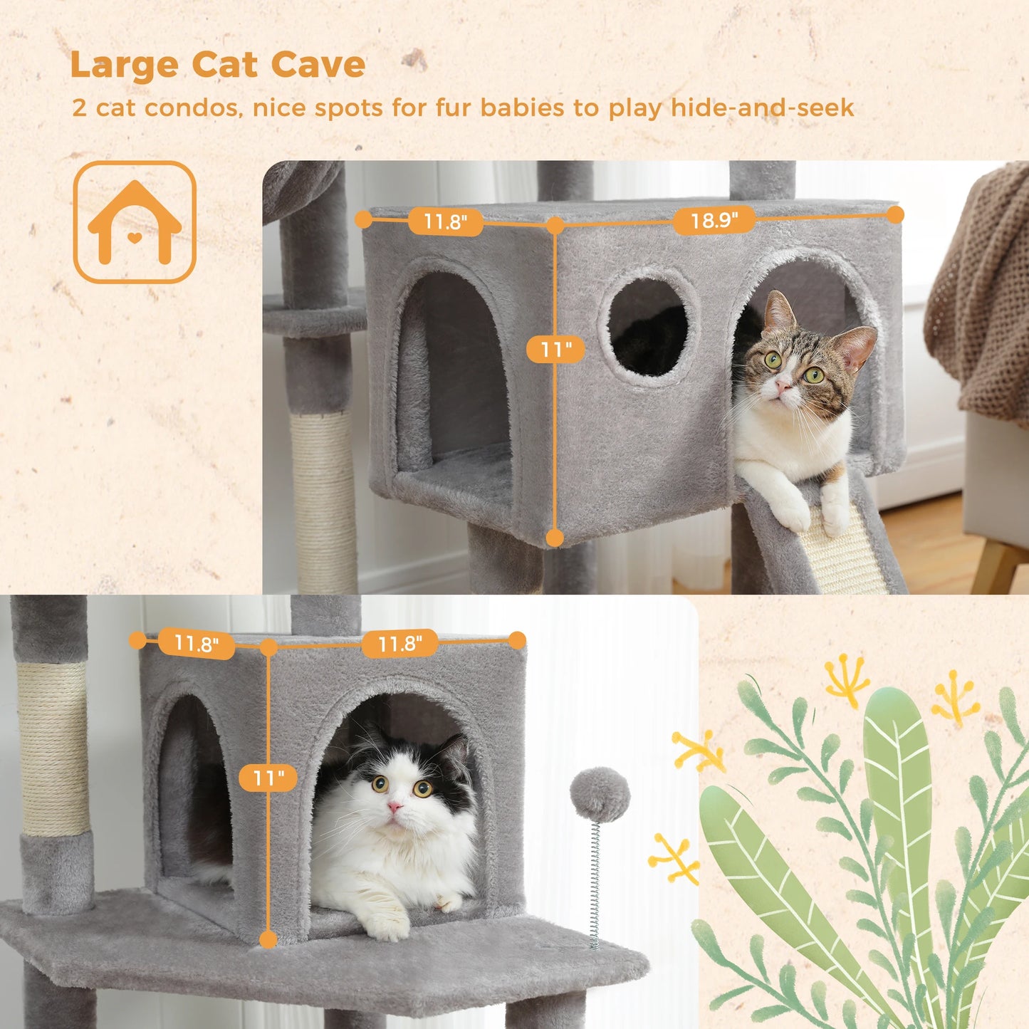 Pet Cat Tree House Condo Perch Entertainment Playground Stable Furniture for Kitten Multi-Level Tower for Large Cat Cozy Hommock