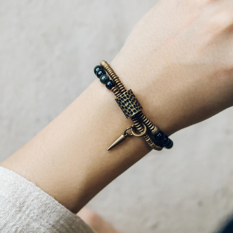 Rainbow Obsidian Beads Bracelet Hammered Brass Two Row  Health Unisex Jewelry for Women Unique Handmade Personalized Bracelet