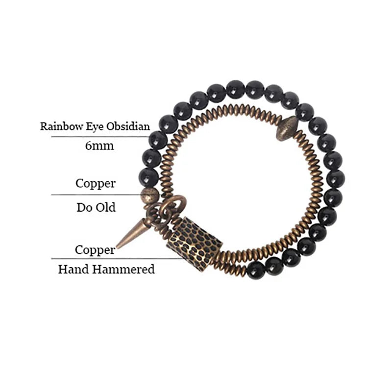 Rainbow Obsidian Beads Bracelet Hammered Brass Two Row  Health Unisex Jewelry for Women Unique Handmade Personalized Bracelet